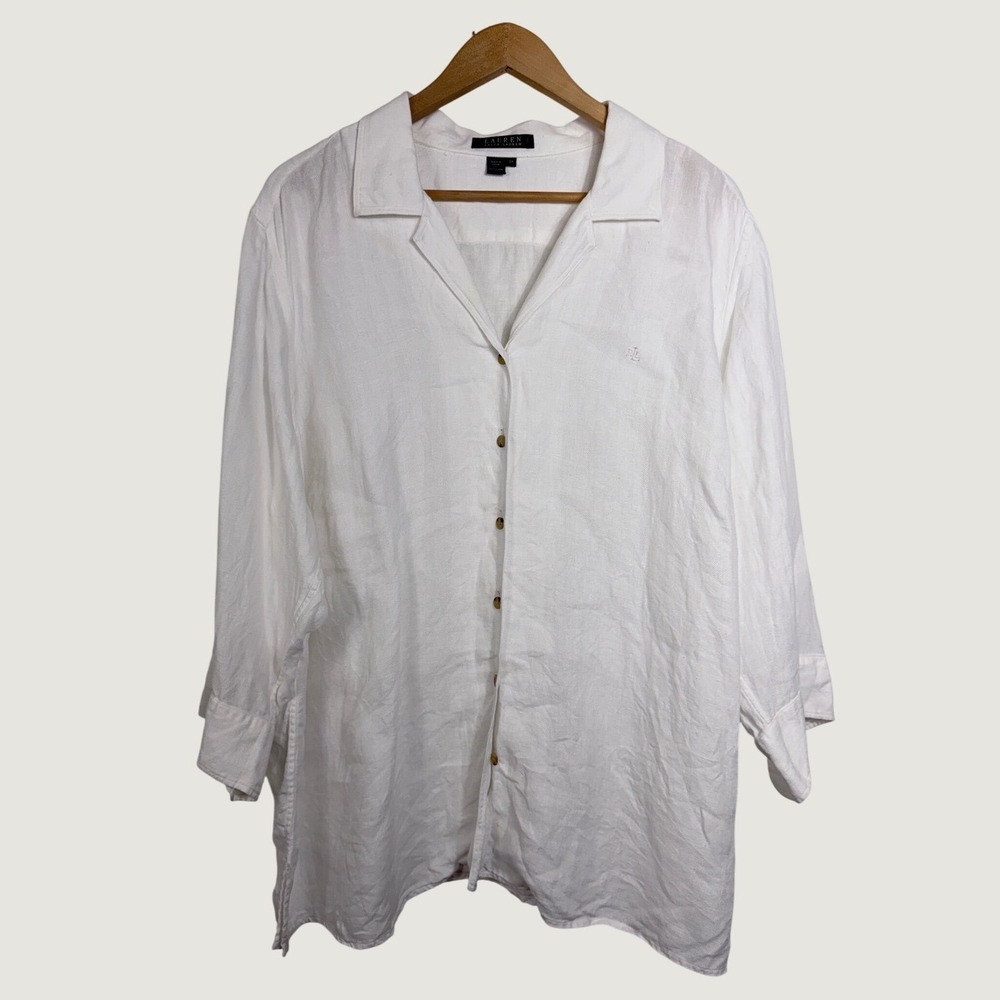 Lauren Ralph Lauren Shirt 3X White Linen Button Down Long Sleeve Classic Coastal
